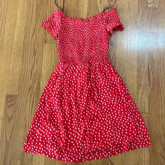 H&M Red with White Polka Dots Smock Off the Shoulder Dress - Picture 4 of 6